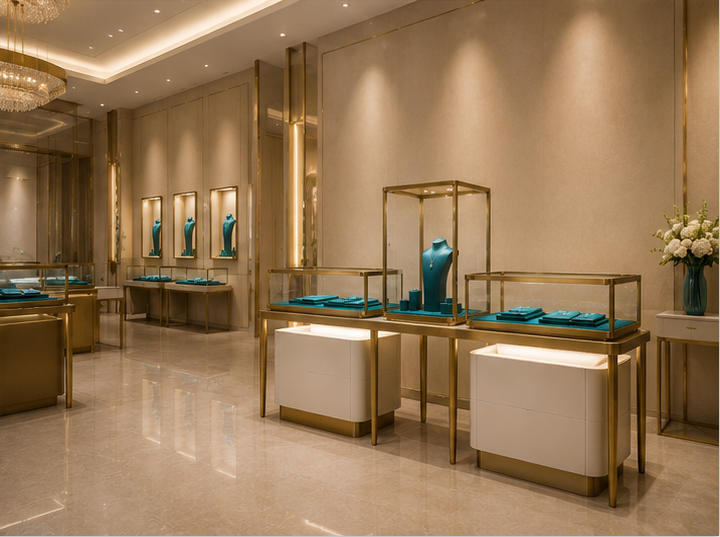 Asymmetric Mixed-Height Jewelry Display Console | Tower + Case Set 10 Asymmetric mixed-height jewelry display console in boutique setting
